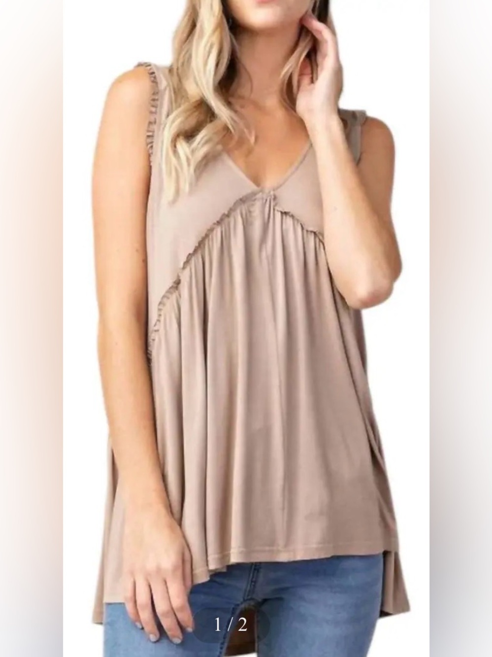 Kori Taupe Ruffle Trim V-Neck Sleeveless Tank